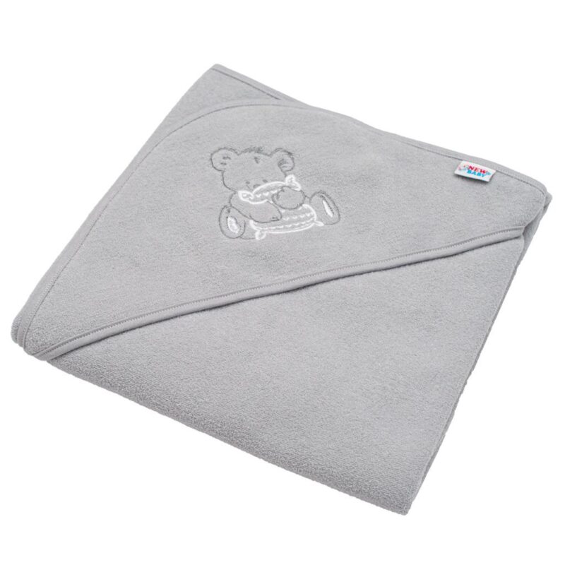 Detská froté osuška s výšivkou a kapuckou New Baby 80x80 sivá medveď